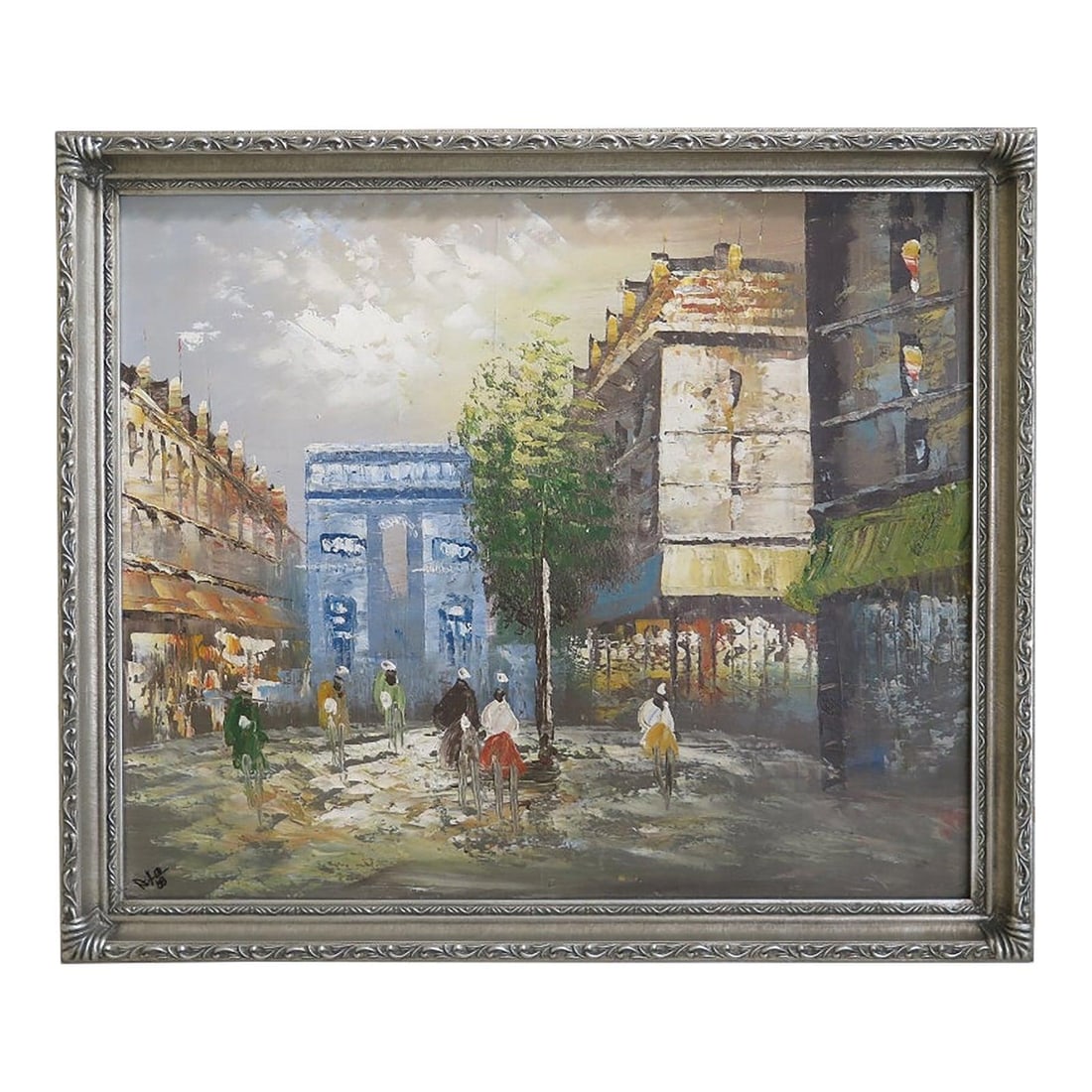 Hand Painted Paris Cityscape Oil on Canvas in Silver Tone Frame: Hand Painted Paris Cityscape Oil on Canvas in Silver Tone Frame This decorative oil painting on canvas depicts a Paris street scene and is presented in a silver frame. Hand painted and of nice quality
