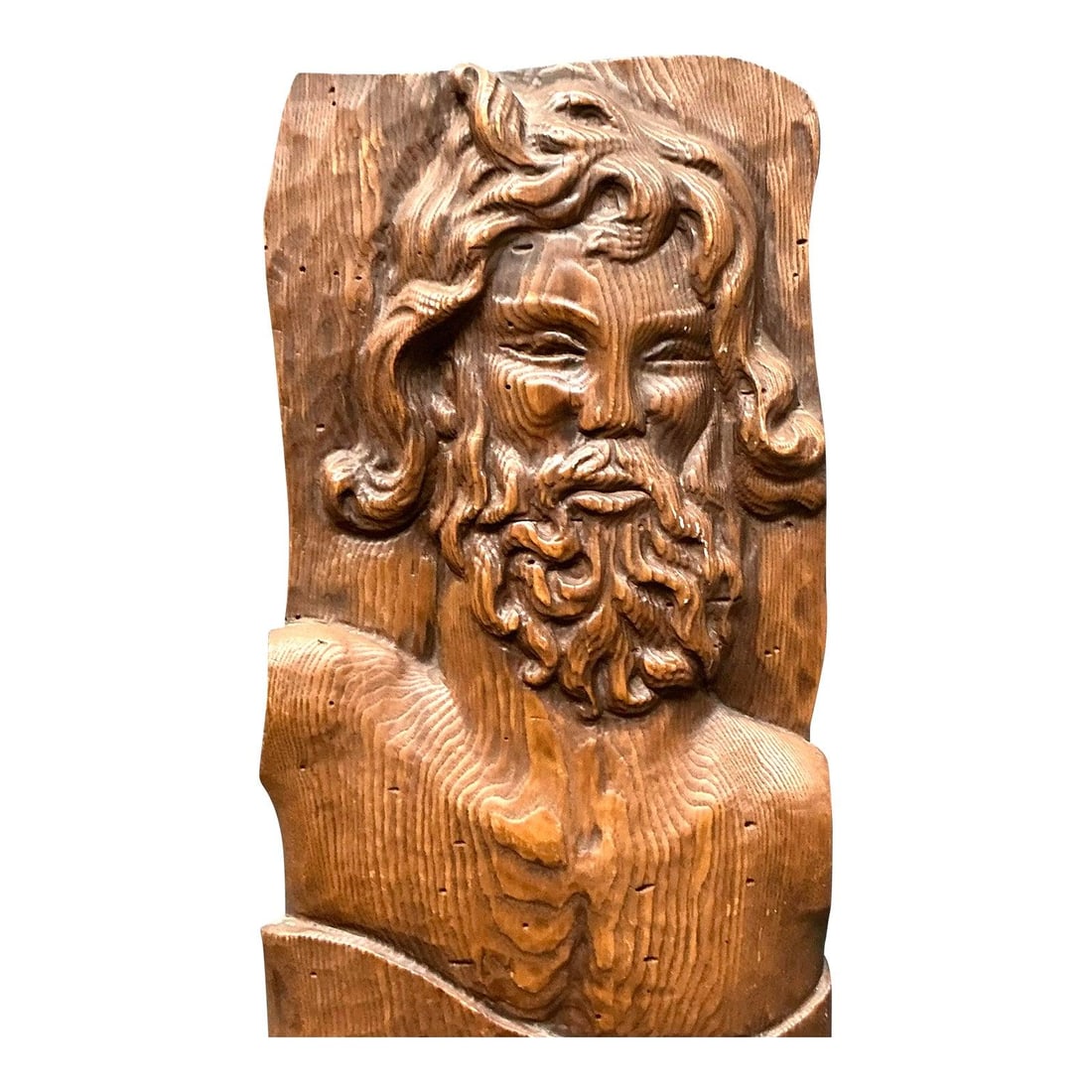 Hand-Carved Wood Wall Panel Depicting Bearded Mythological Figure 23" (1 of 10)
