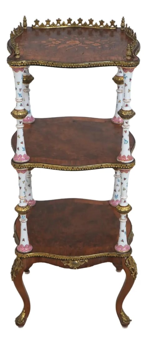 Three-Tier French Ormolu Etagere Table with Brass Gallery and Marquetry Inlay: Three-Tier French Ormolu Etagere Table with Brass Gallery and Marquetry Inlay This vintage French style three-tier etagere lamp table features a brass gallery top, fine carved details, floral marquetr