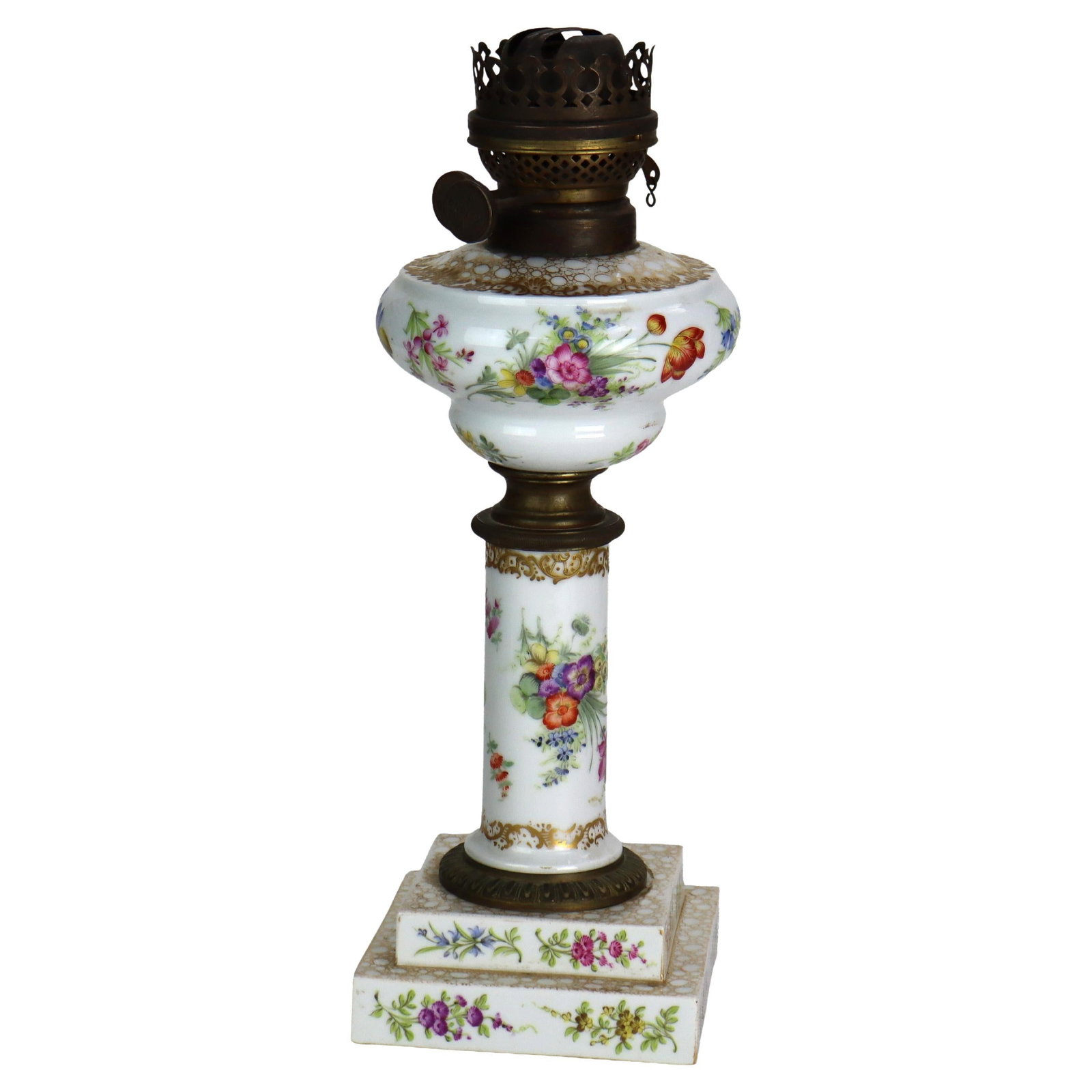 Floral Meissen Porcelain Oil Lamp Base with Ormolu Decoration Circa 1890: Floral Meissen Porcelain Oil Lamp Base with Ormolu Decoration Circa 1890 This late 19th century oil lamp base features hand-painted floral Meissen porcelain with ornate ormolu trim. The piece dates to