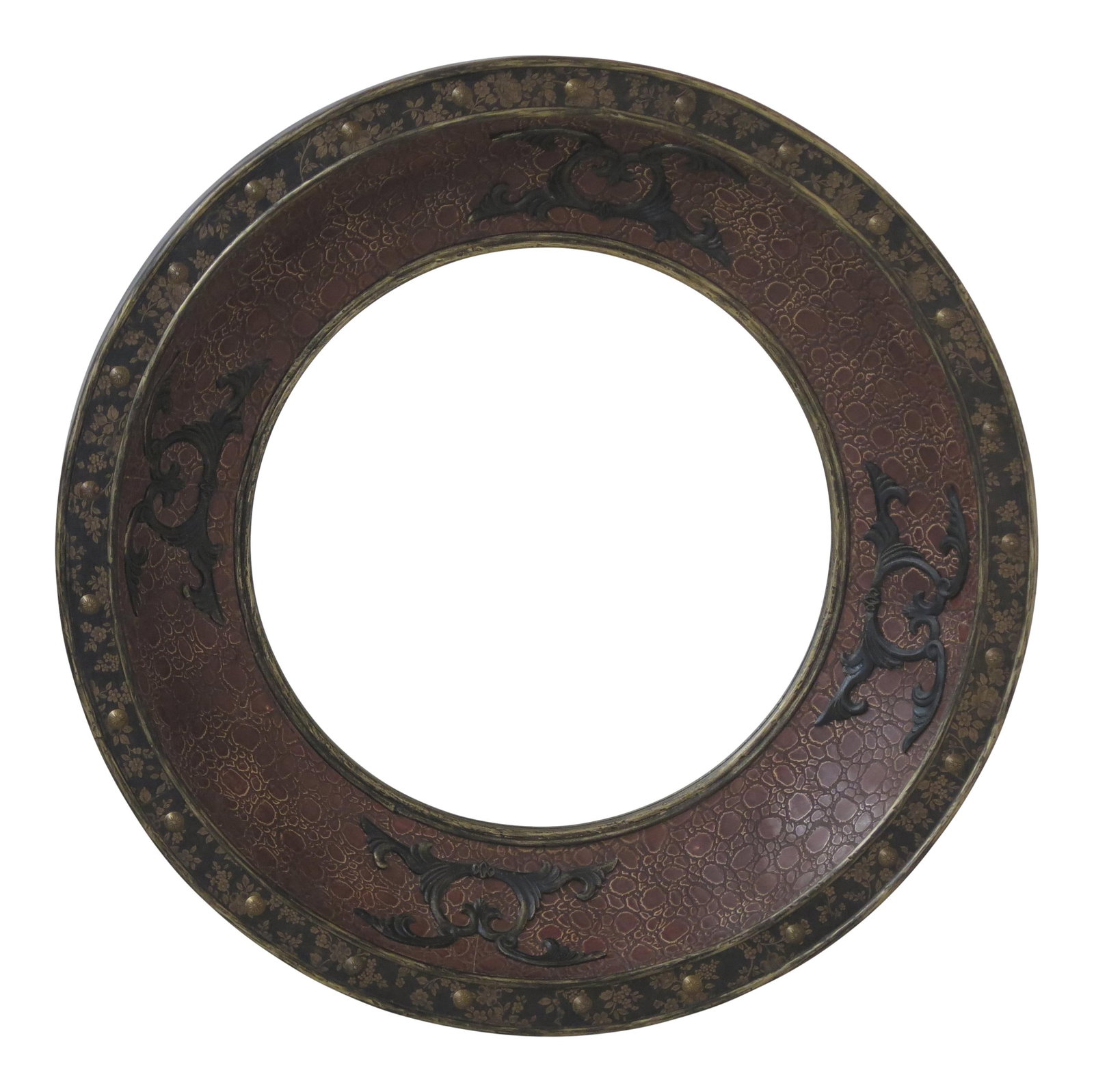 Vintage Round Leather Mirror with Tack Head Trim 31x31 (1 of 7)