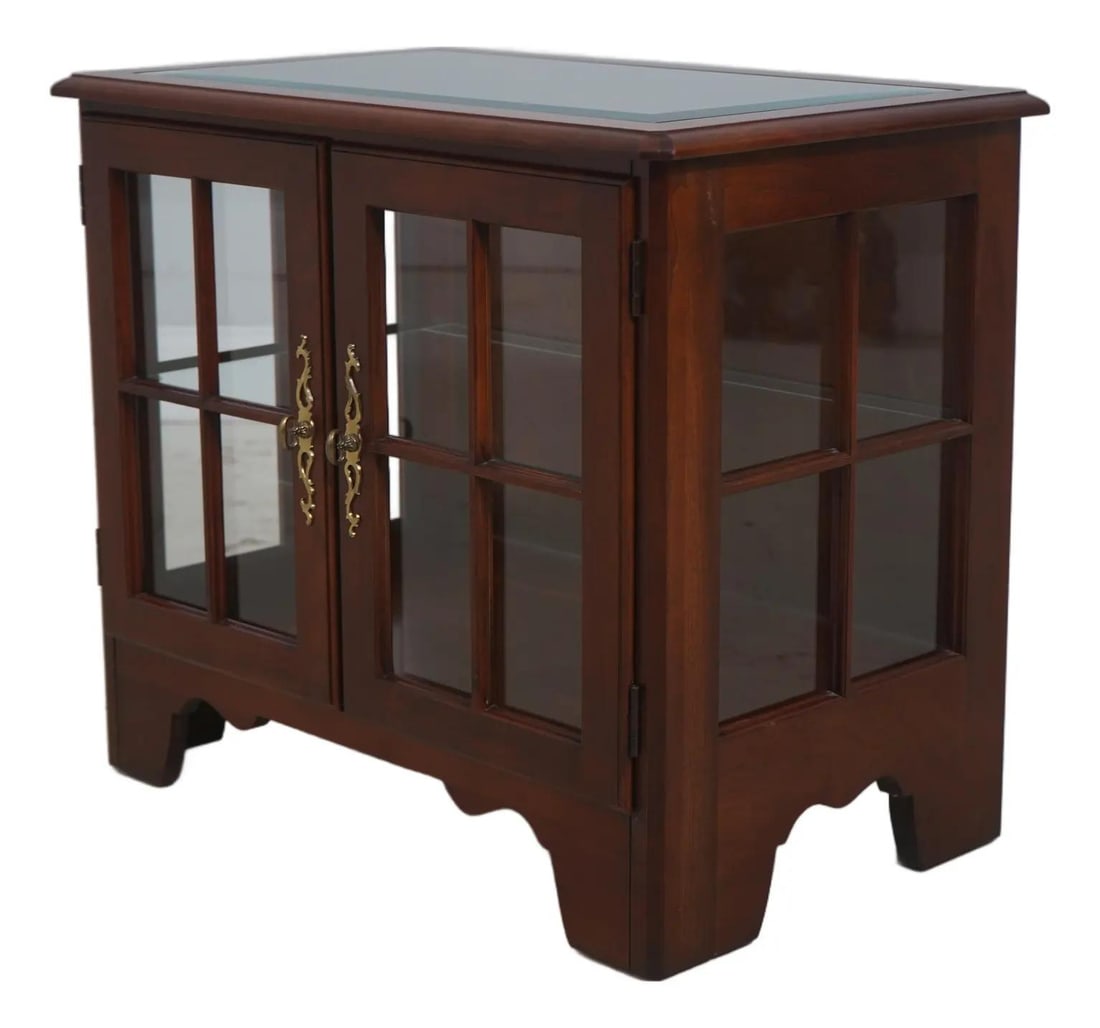 Cherry Wood Glass Display Table with Two Doors and Beveled Top: Cherry Wood Glass Display Table with Two Doors and Beveled Top Elegant cherry vitrine display table featuring two individual pane glass doors, an adjustable shelf, and a beveled glass top. The piece i
