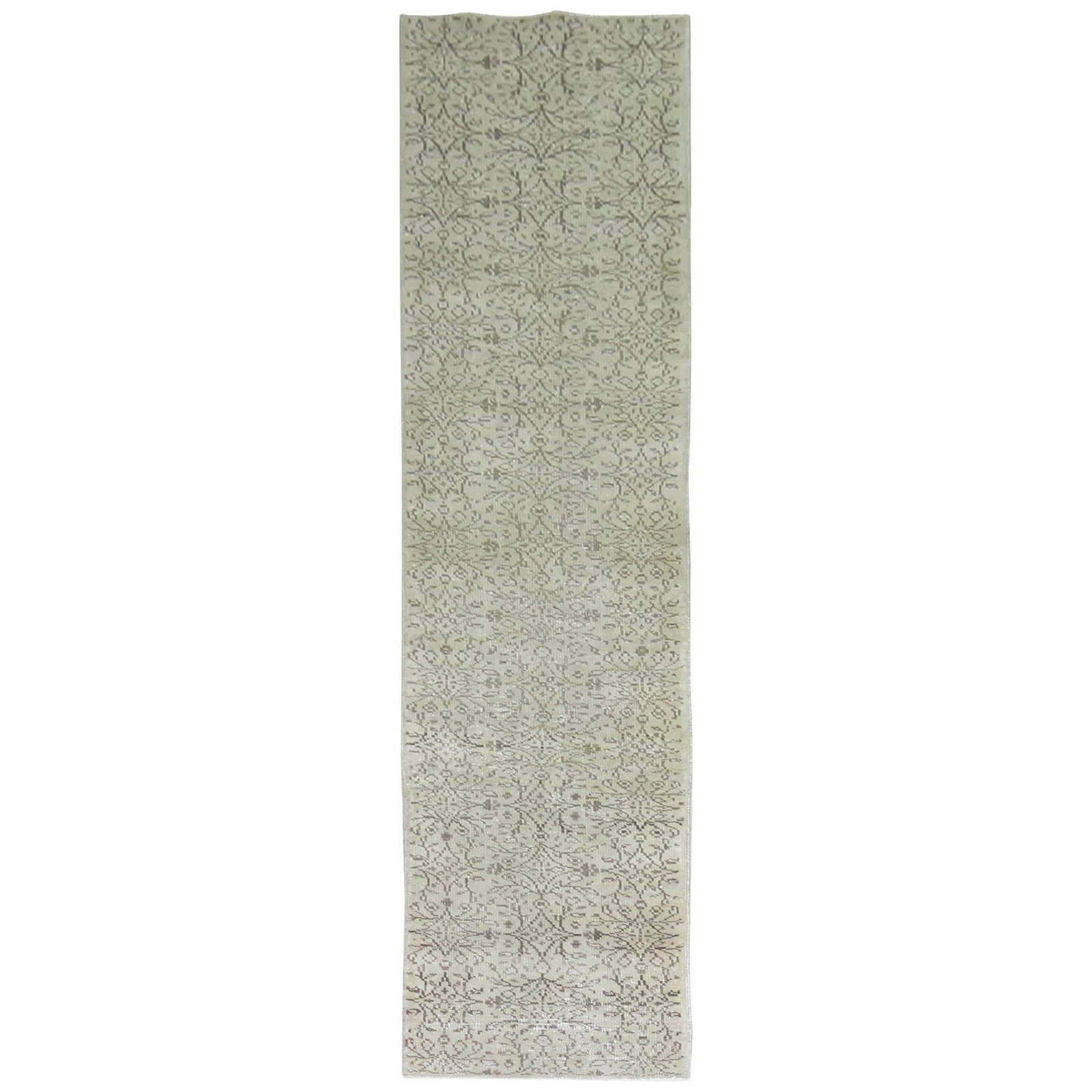 Mid Century Hand Knotted Wool Turkish Borderless Runner: Mid Century Hand Knotted Wool Turkish Borderless Runner This mid-20th century Turkish runner features a neutral brown and beige color palette with a borderless, all-over design. Hand-knotted from wool