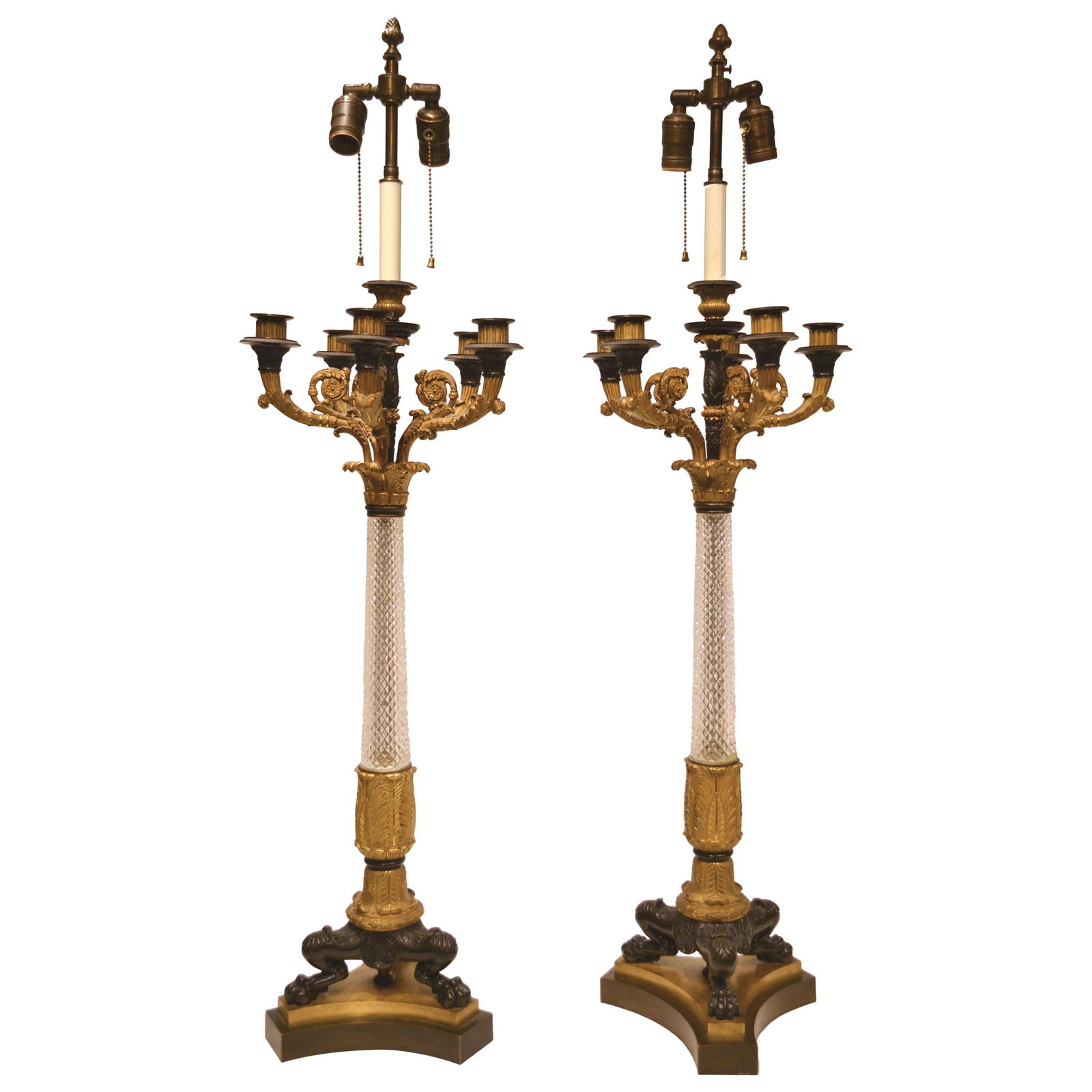 Set of 2 French Empire Gilt Bronze and Cut Glass Candelabra Lamps: Set of 2 French Empire Gilt Bronze and Cut Glass Candelabra Lamps This pair of very large and impressive French Empire candelabras from the early 19th century features cut glass and two-tone bronze co