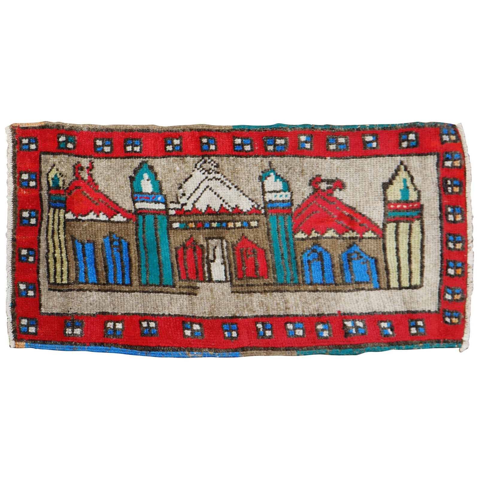 Mid-20th Century Vintage Turkish Mosque Pictorial Rug Hand-Woven Wool 19 x 36: Mid-20th Century Vintage Turkish Mosque Pictorial Rug Hand-Woven Wool 19 x 36 This vintage Turkish pictorial rug showcases a vibrant depiction of a mosque, making it a stunning addition to any home de
