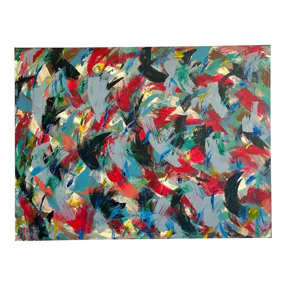 30 x 40 Bohemian Abstract Mid-Century Oil Painting on Canvas: 30 x 40 Bohemian Abstract Mid-Century Oil Painting on Canvas This vintage original abstract oil painting on canvas showcases a dynamic composition with bold brushstrokes in a vibrant palette of reds, 