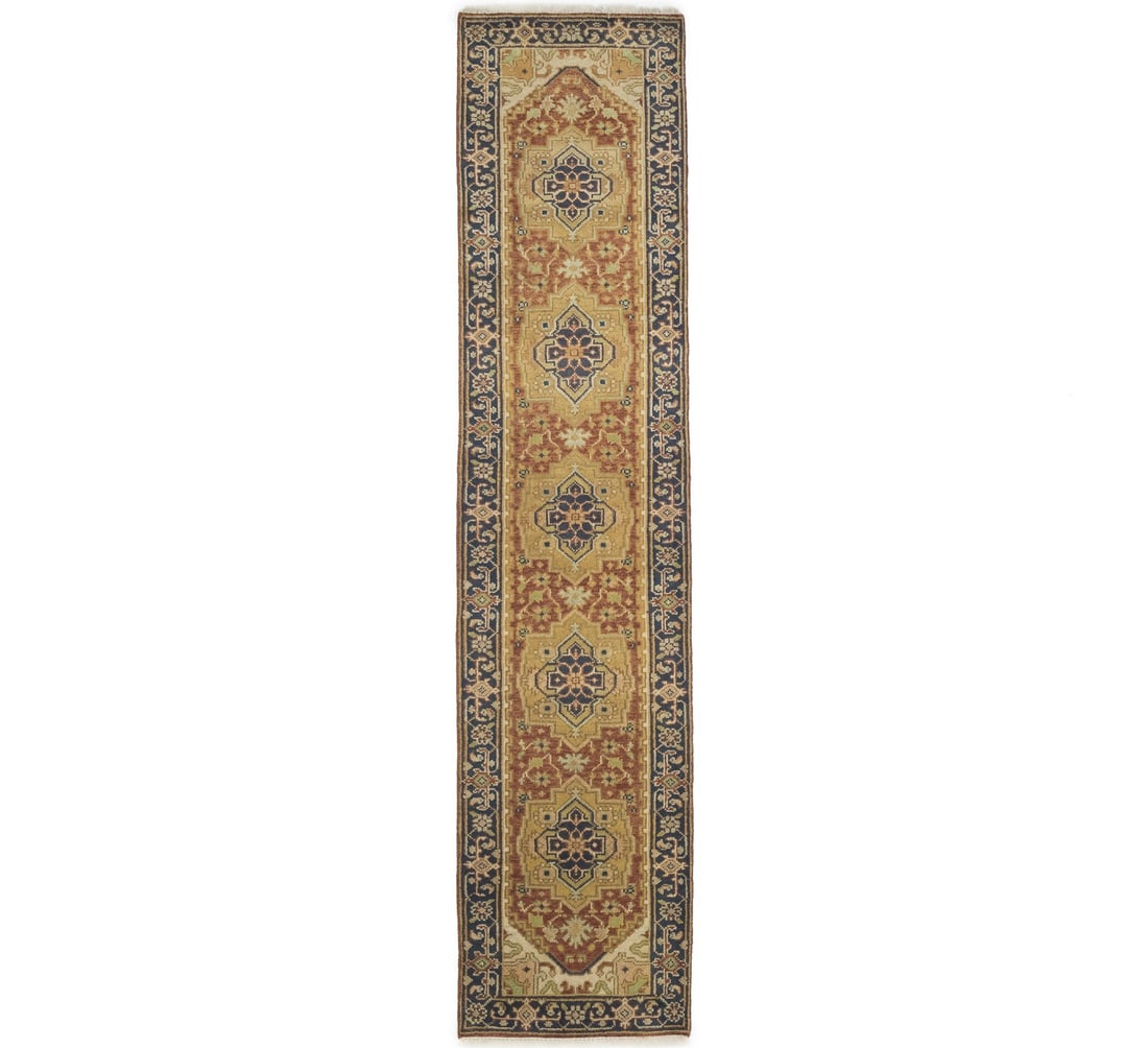 Hand Knotted Wool Serapi Heriz Floral Runner 2'8 x 11'9: Hand Knotted Wool Serapi Heriz Floral Runner 2'8 x 11'9 This handmade Serapi Heriz Oriental runner rug features a traditional floral pattern in a palette of rusty red, dark purple-navy, cream, beige, 