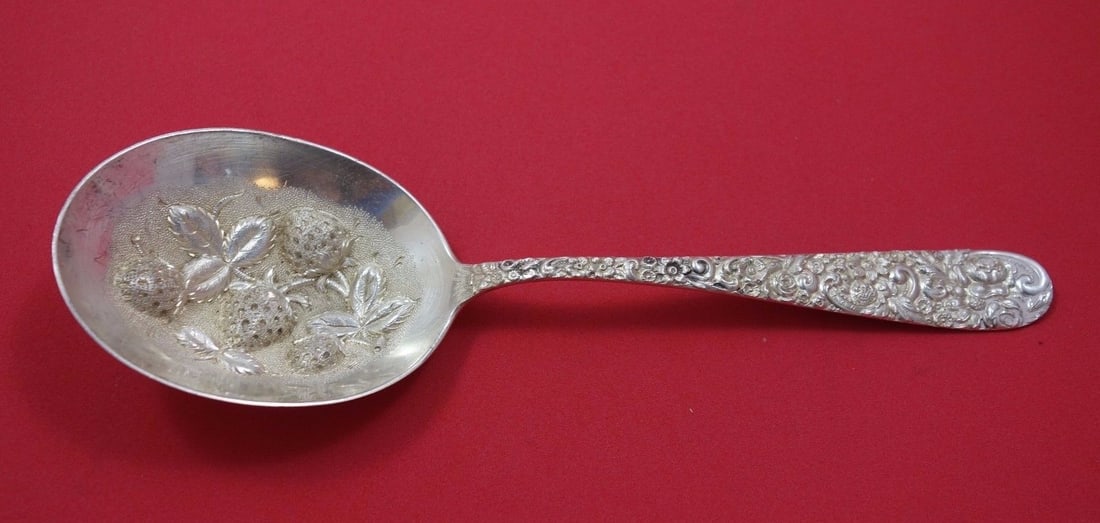 Jenkins & Jenkins Repousse Sterling Silver Berry Spoon 8 3/4" with Strawberry Motif: Jenkins & Jenkins Repousse Sterling Silver Berry Spoon 8 3/4" with Strawberry Motif This exquisite serving spoon features a stunning Repousse design by Jenkins & Jenkins, showcasing intricate strawber