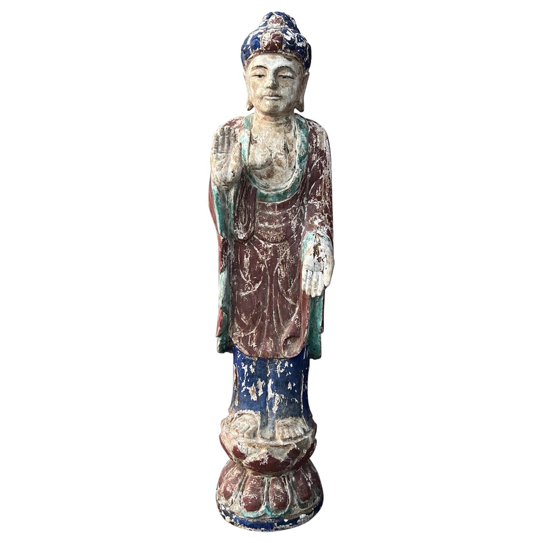 19th Century Chinese Carved Wood Buddha Polychrome Decorated: 19th Century Chinese Carved Wood Buddha Polychrome Decorated This exquisite antique Chinese polychrome decorated and carved wood Buddha figure showcases the artistry of the 19th century. Standing at 4