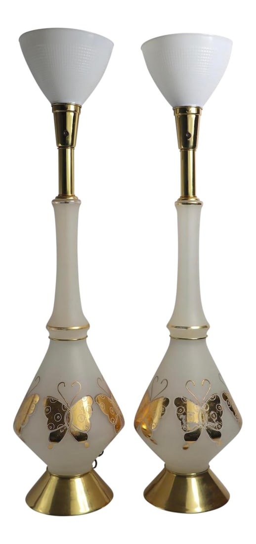 Elegant Antique White Frosted Glass Table Lamps with Gold Butterflies: Elegant Antique White Frosted Glass Table Lamps with Gold Butterflies This elegant pair of tall frosted glass table lamps features charming gold foil butterflies delicately applied to the body. Both l