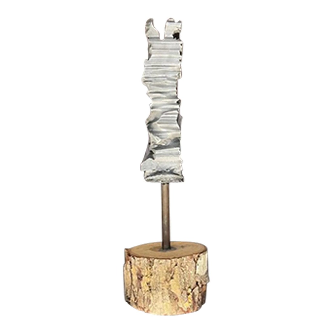 Tall Metal Ribbon Abstract Sculpture on Wood Base Mid Century Style: Tall Metal Ribbon Abstract Sculpture on Wood Base Mid Century Style This vintage abstract metal ribbon sculpture combines rustic charm with modern design, featuring a textured metallic form mounted