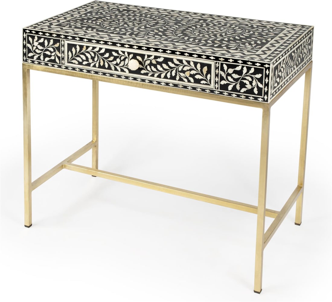 Butler Perilla Black and Gold Writing Desk 30.25H 36W 19D: Butler Perilla Black and Gold Writing Desk 30.25H 36W 19D Elevate your workspace with this Contemporary Butler Black and Gold Writing Desk, designed to blend modern aesthetics with functionality. This
