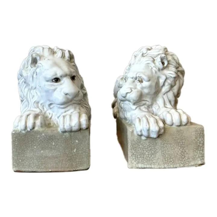 Pair of Italian Grand Tour Style Glazed Ceramic Recumbent Lion Sculptures (1 of 10)