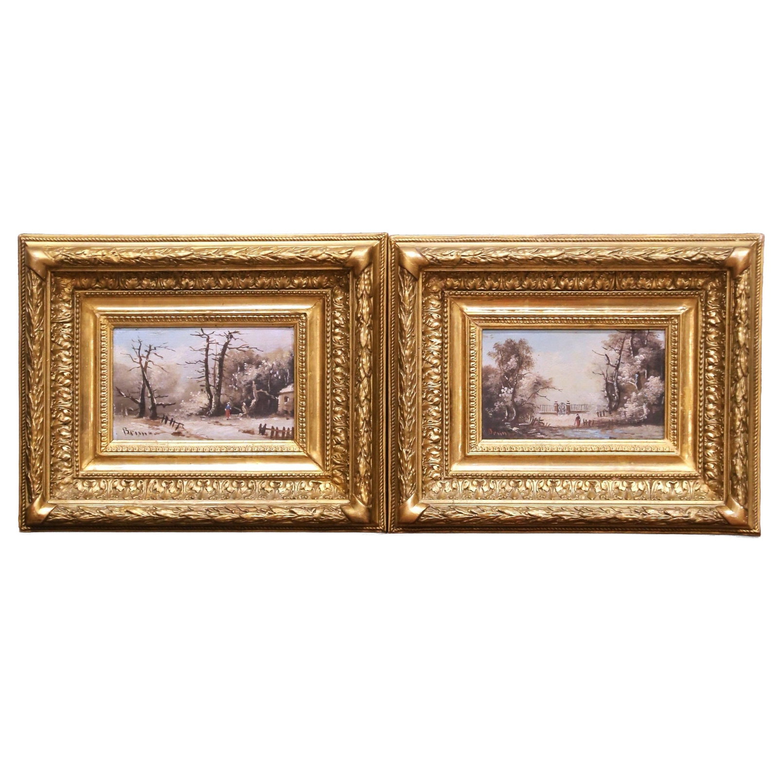 Set of 2 Barbizon School French Landscape Paintings in Giltwood Frames (1 of 14)