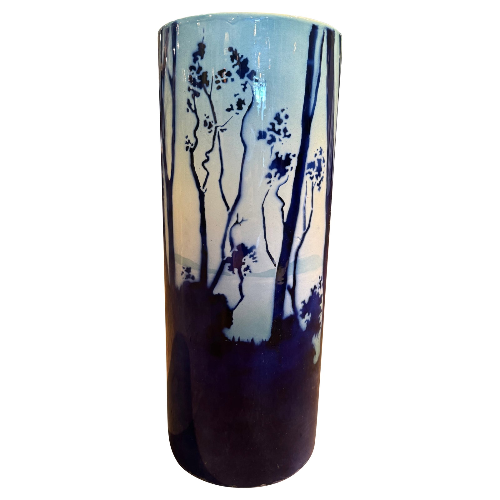 French Porcelain Umbrella Stand Hand Painted Blue White Pastoral Scene Signed Gede (1 of 9)