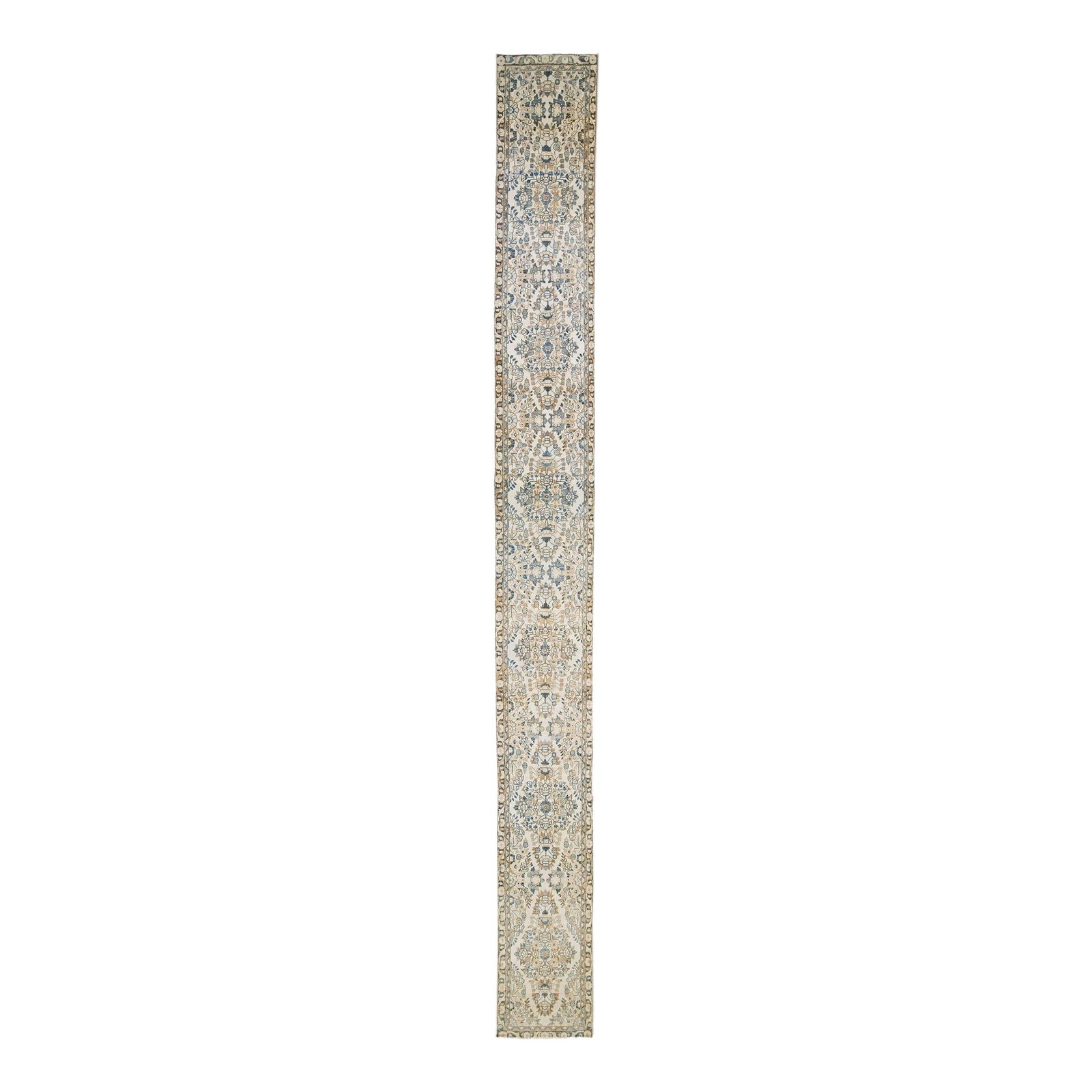 Antique Persian Heriz Floral Beige Wool Runner 2'4 x 23'4 (1 of 10)