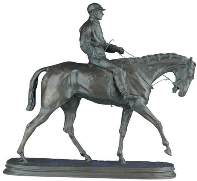 Hand-Painted Ebony Jockey Sculpture 15H 18W 5D Equestrian Lodge Decor: Hand-Painted Ebony Jockey Sculpture 15H 18W 5D Equestrian Lodge Decor This item is made at time of order. Please allow 42 to 70 days for production. This exquisite hand-painted sculpture features a cl