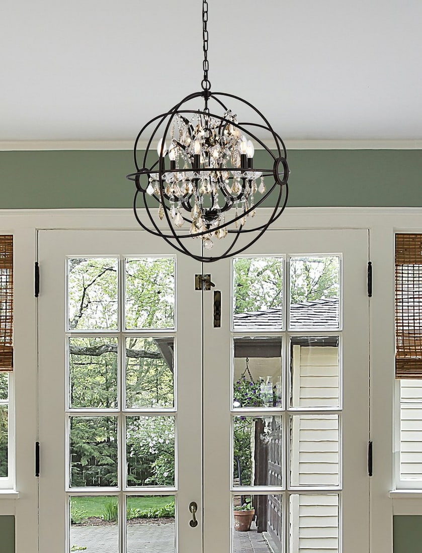 Geneva 6-Light Modern Dark Bronze Crystal Orb Chandelier 27.5 Inch Diameter: Geneva 6-Light Modern Dark Bronze Crystal Orb Chandelier 27.5 Inch Diameter This modern orb globe chandelier features a dark bronze metal frame adorned with clear crystal accents. It is designed with 