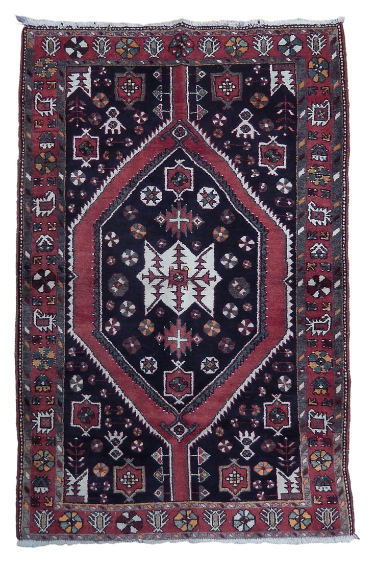 4.5 x 6.6 Hand-Knotted Navy Blue Persian Hamadan Rug (1 of 6)