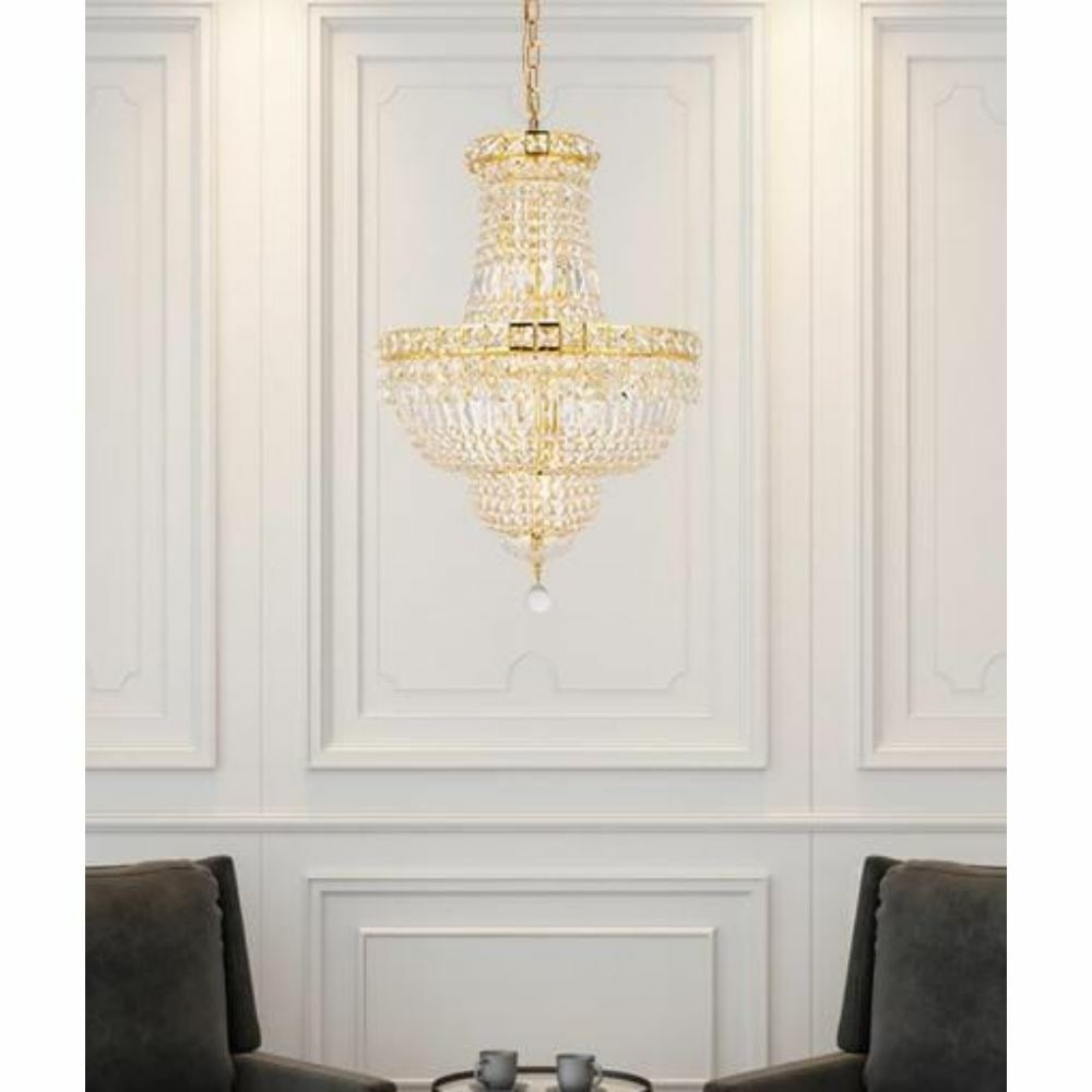 Gold Empire Crystal Chandelier 12 Lights 18 Inch Tranquil: Gold Empire Crystal Chandelier 12 Lights 18 Inch Tranquil This modern empire-style chandelier features a gold finish and is adorned with high-quality Royal Cut clear crystals. Designed for indoor use,