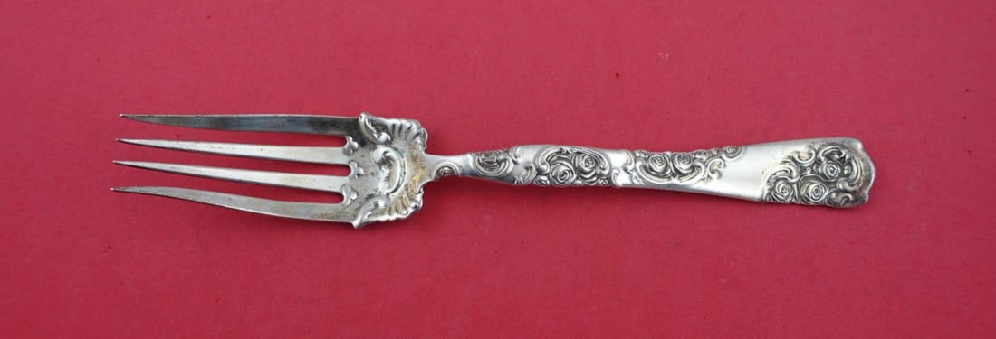 Whiting Sterling Silver 8.75 Cold Meat Fork Rose and Scroll Design: Whiting Sterling Silver 8.75 Cold Meat Fork Rose and Scroll Design This exquisite cold meat fork features the elegant Rose and Scroll pattern by Whiting, crafted from sterling silver. Measuring 8 3/4 