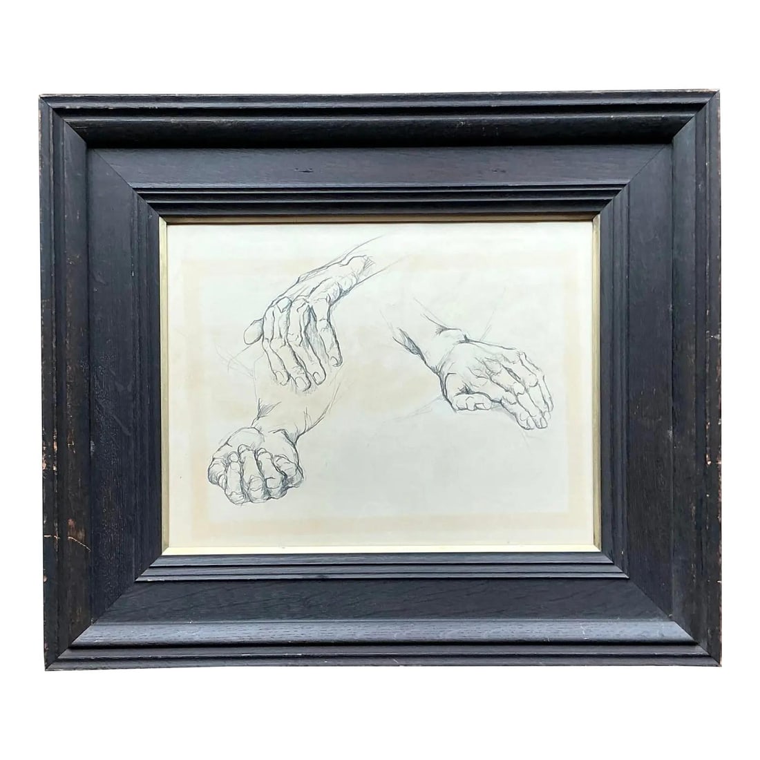 Framed 1977 Bohemian Anatomy Drawing of Hands on Paper: Framed 1977 Bohemian Anatomy Drawing of Hands on Paper This vintage original anatomy sketch from 1977 features a detailed study of hands, highlighting both skeletal and muscular structures. Rendered i