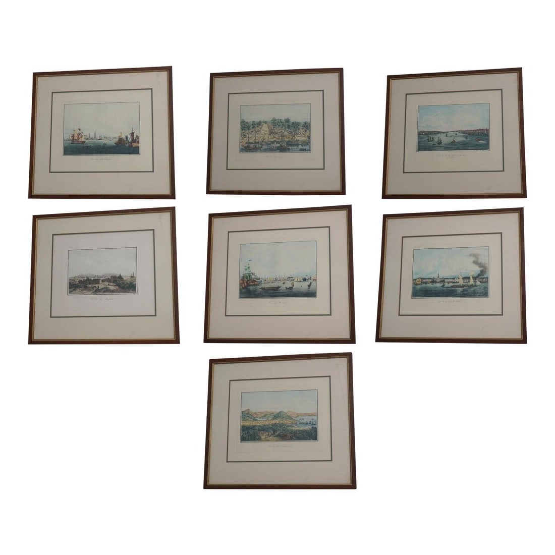 Set of 7 Vintage Framed Military Ship Etchings: Set of 7 Vintage Framed Military Ship Etchings Discover a stunning set of 7 vintage framed colored engravings featuring intricate etchings of military ships and landscapes. Each piece is professionall