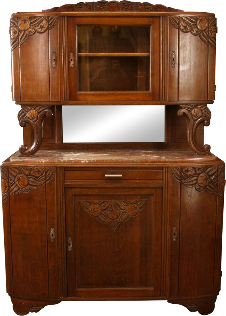 1920s French Art Deco Marble Buffet Oak Chestnut Finish Carvings: 1920s French Art Deco Marble Buffet Oak Chestnut Finish Carvings Elevate your dining space with this exquisite French Art Deco Marble Buffet, expertly crafted from oak and featuring intricate carvings