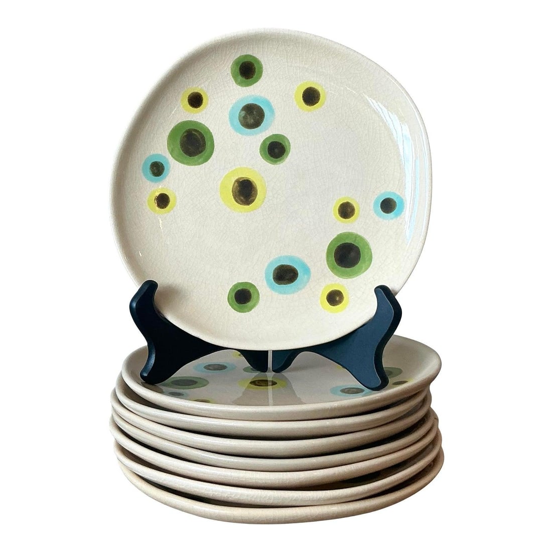 Set of 8 Hand-Painted Ceramic Plates With Abstract Dot Motif: Set of 8 Hand-Painted Ceramic Plates With Abstract Dot Motif This set of eight vintage ceramic plates showcases hand-painted abstract circular motifs in turquoise, olive green, and chocolate brown on 