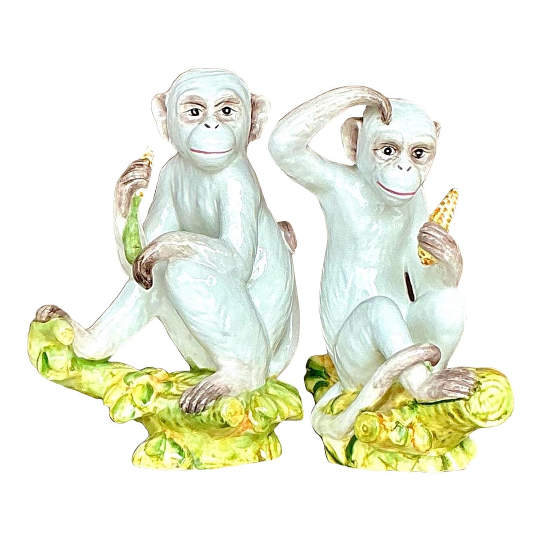 Charming Set of 2 Vintage Italian Glazed Ceramic Monkeys: Charming Set of 2 Vintage Italian Glazed Ceramic Monkeys Introduce a whimsical charm to your decor with this delightful set of two vintage Italian glazed ceramic monkeys. These playful figurines are c