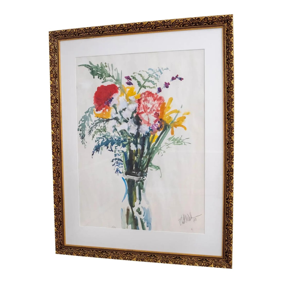Signed 1980 Abstract Watercolor Flowers in Gold Frame: Signed 1980 Abstract Watercolor Flowers in Gold Frame This stunning watercolor painting features a vibrant bouquet of flowers elegantly arranged in a vase, showcasing bold colors and skillful strokes.