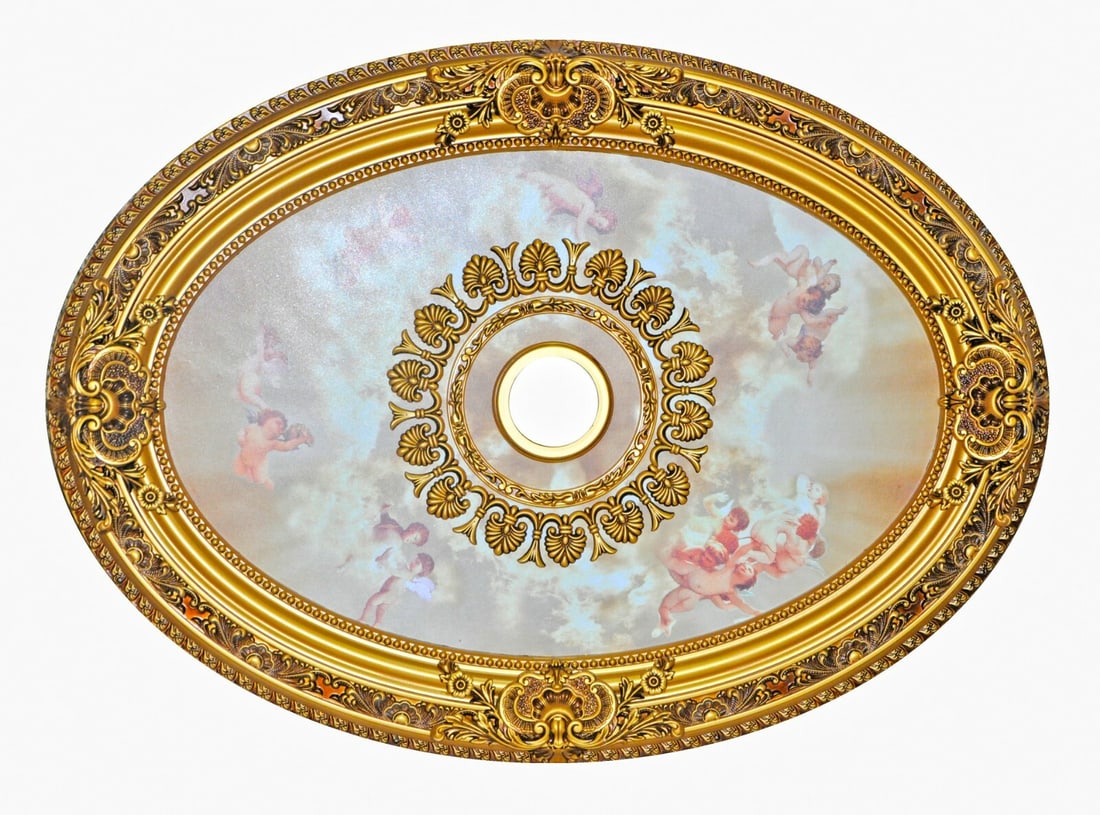 Artistry oval ceiling medallion antique gold fiber glass resin 43 inch: Artistry oval ceiling medallion antique gold fiber glass resin 43 inch This oval ceiling medallion features a decorative design with angels and clouds, ideal for adding sophistication to foyers, dinin