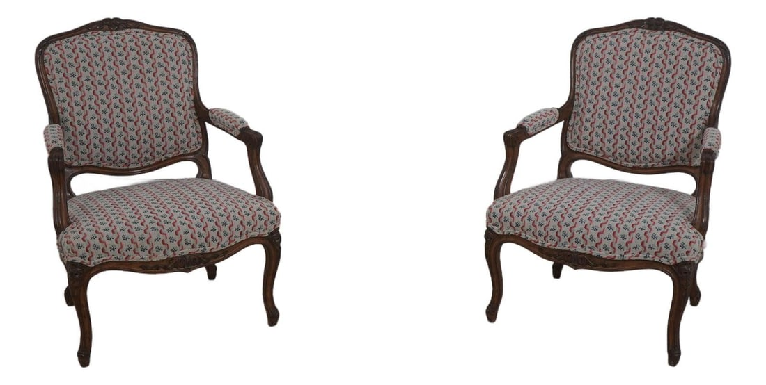 Set of Two Walnut French Louis XV Style Open Armchairs Rose Carved Tops (1 of 10)