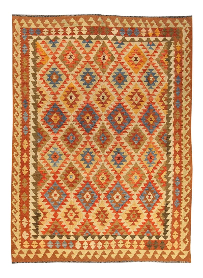 Contemporary Hand-Knotted Wool Kilim Rug 5'11 x 8 Tangerine: Contemporary Hand-Knotted Wool Kilim Rug 5'11 x 8 Tangerine Enhance your living space with this stunning 21st Century Modern Kilim Rug. Hand-knotted from high-quality wool, this contemporary rug featu