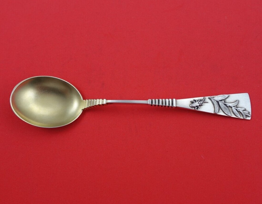 Shiebler Applied Silver Sterling Silver Ice Cream Spoon with Bug Leaf Design 6": Shiebler Applied Silver Sterling Silver Ice Cream Spoon with Bug Leaf Design 6" This exquisite ice cream spoon, crafted by Shiebler, showcases the Applied Silver pattern, dating back to the 1890s. Mad