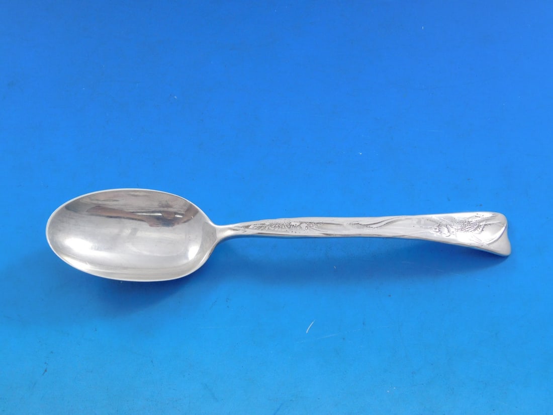 Tiffany & Co. Lap Over Edge Sterling Silver Teaspoon Cicada 6 Inch: Tiffany & Co. Lap Over Edge Sterling Silver Teaspoon Cicada 6 Inch This exquisite teaspoon features the Lap Over Edge pattern by Tiffany & Co., showcasing intricate acid etching of cicada bugs. Crafte