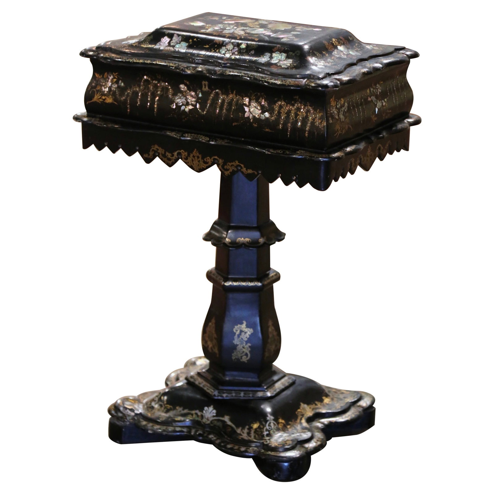 Victorian Papier-Mache Sewing Table with Gilt Inlay and Mother-of-Pearl from 19th Century England: Victorian Papier-Mache Sewing Table with Gilt Inlay and Mother-of-Pearl from 19th Century England This exquisite 19th Century English Victorian sewing table is a stunning blend of artistry and functio