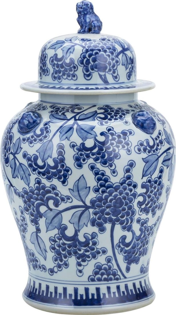 Handmade Blue Chinoiserie Temple Jar with Lion Handles: Handmade Blue Chinoiserie Temple Jar with Lion Handles This captivating medium-sized temple jar features elegant lion handles and is designed in a stunning Chinoiserie style. Handmade from high-qualit