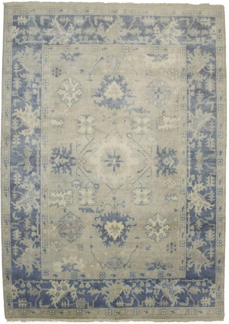 Hand-Knotted Muted Beige Floral Oushak Chobi Rug 7'1 x 9'11 Eco-Friendly Wool (1 of 14)