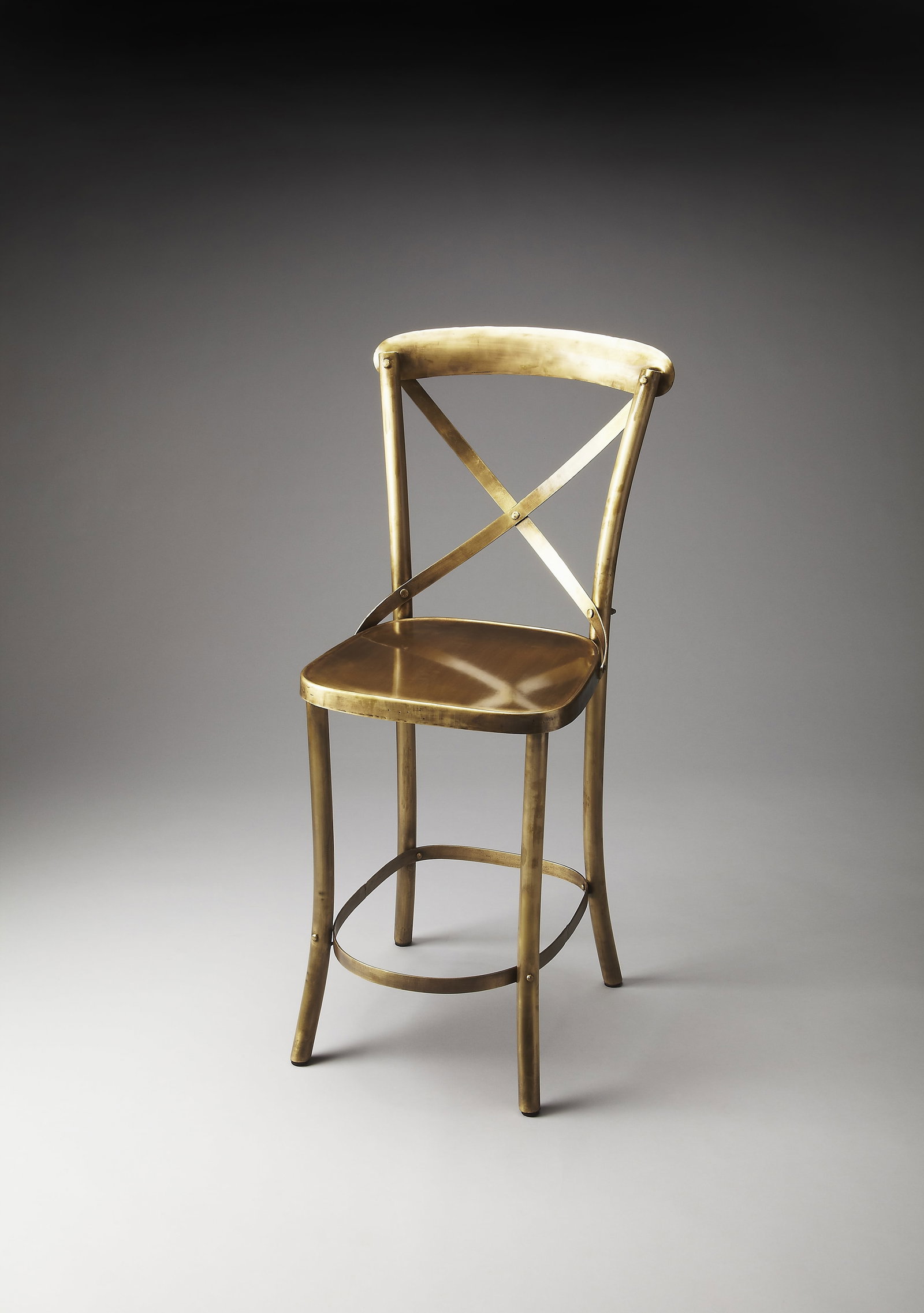 Butler Bennington Gold Iron Bar Stool Industrial X-Back Design: Butler Bennington Gold Iron Bar Stool Industrial X-Back Design Introducing a stylish bar stool that enhances any modern setting with its industrial chic design. This bar stool features a sturdy brass 