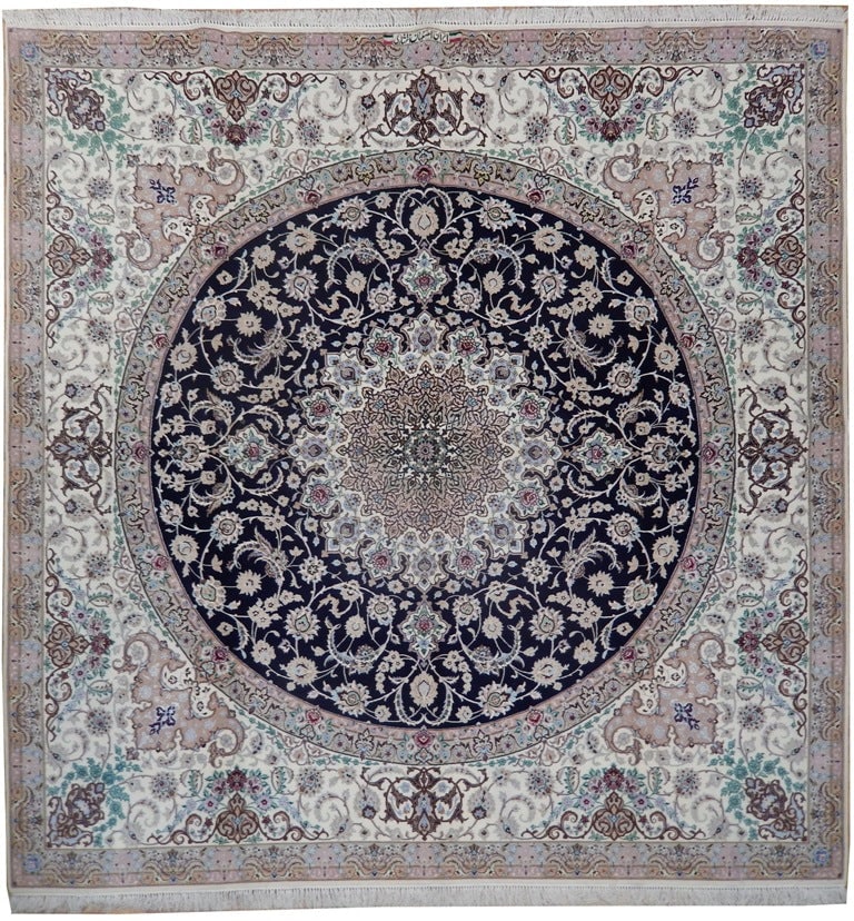 8.6 x 8.6 Square Persian Esfahan Rug Wool Silk on Silk 500 KPSI: 8.6 x 8.6 Square Persian Esfahan Rug Wool Silk on Silk 500 KPSI Free continental US Shipping This authentic Persian Esfahan rug is a hand-knotted masterpiece crafted with premium "kork" wool and silk 