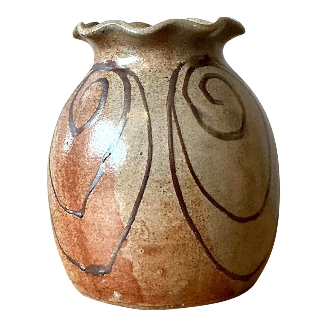 Handmade Vintage Studio Pottery Vase with Ruffled Rim and Speckled Glaze (1 of 10)