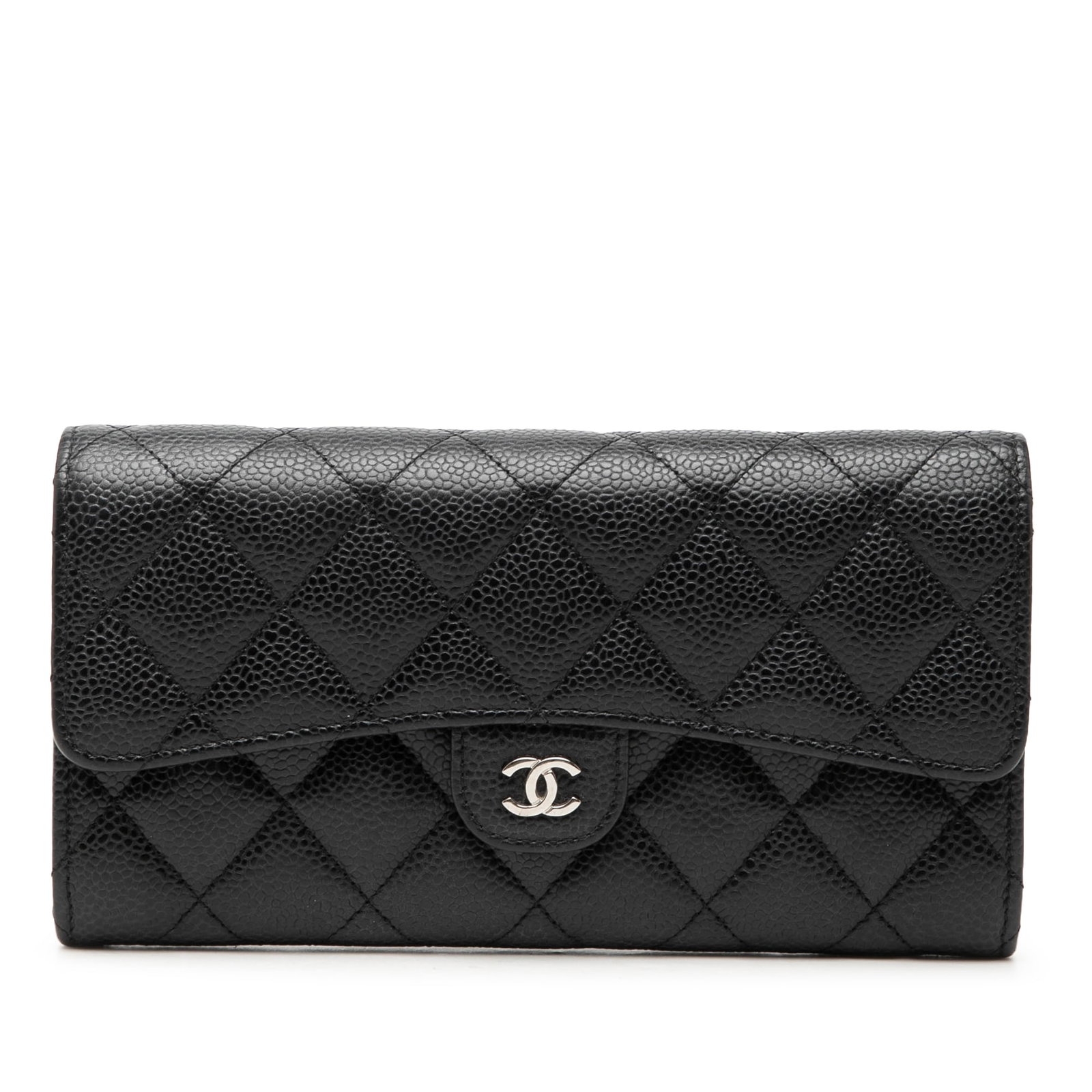 Chanel Classic Flap CC Quilted Caviar Leather Wallet Black: Chanel Classic Flap CC Quilted Caviar Leather Wallet Black A Chanel CC Quilted Caviar Classic Flap Wallet in black leather with a quilted caviar finish. The design features a top flap with snap button