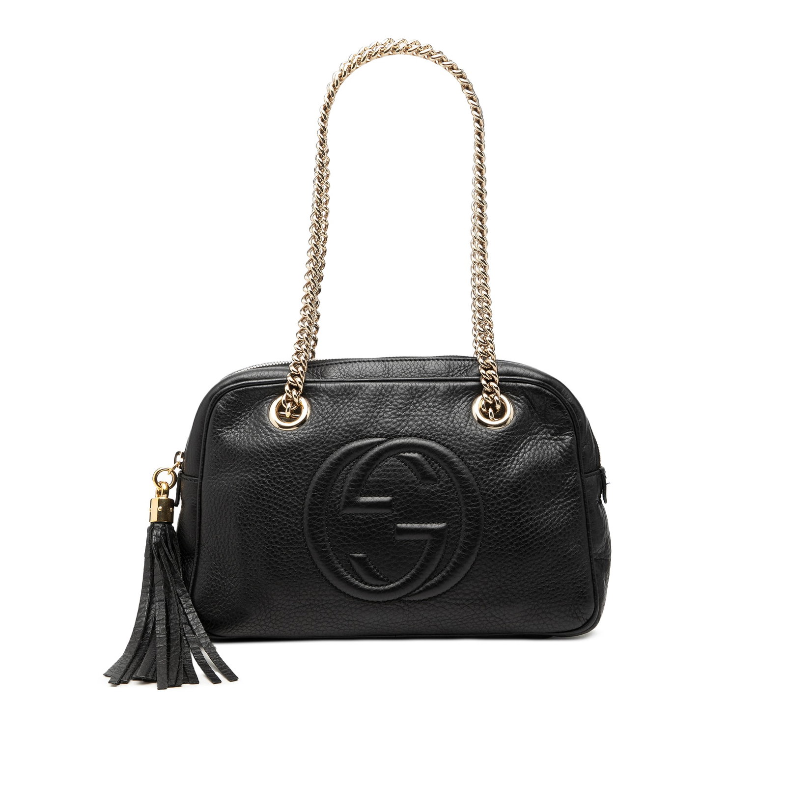 Gucci Soho Chain Zip Shoulder Bag in Black Pebbled Calfskin: Gucci Soho Chain Zip Shoulder Bag in Black Pebbled Calfskin Gucci Soho Chain Zip shoulder bag in black pebbled calfskin leather. This shoulder bag features curb chain link shoulder straps, a top zip c
