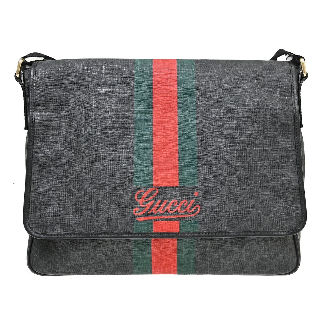 Gucci GG Sherry Shoulder Bag Black PVC Leather 208907 497717: Gucci GG Sherry Shoulder Bag Black PVC Leather 208907 497717 Gucci shoulder bag in black GG PVC with leather trim and the signature Sherry stripe in green and red. Designed for women, this large casua