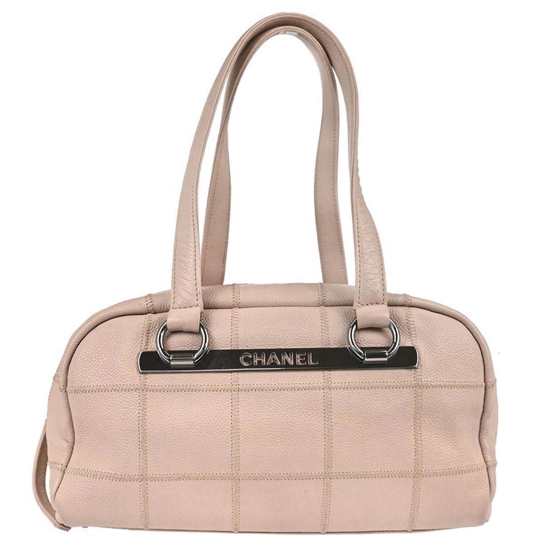 CHANEL Choco Bar Top Handle Bag in Light Pink Caviar Leather: CHANEL Choco Bar Top Handle Bag in Light Pink Caviar Leather Chanel Choco Bar handbag in light pink caviar skin leather with beige double handles and a beige canvas lining. This medium top handle bag 