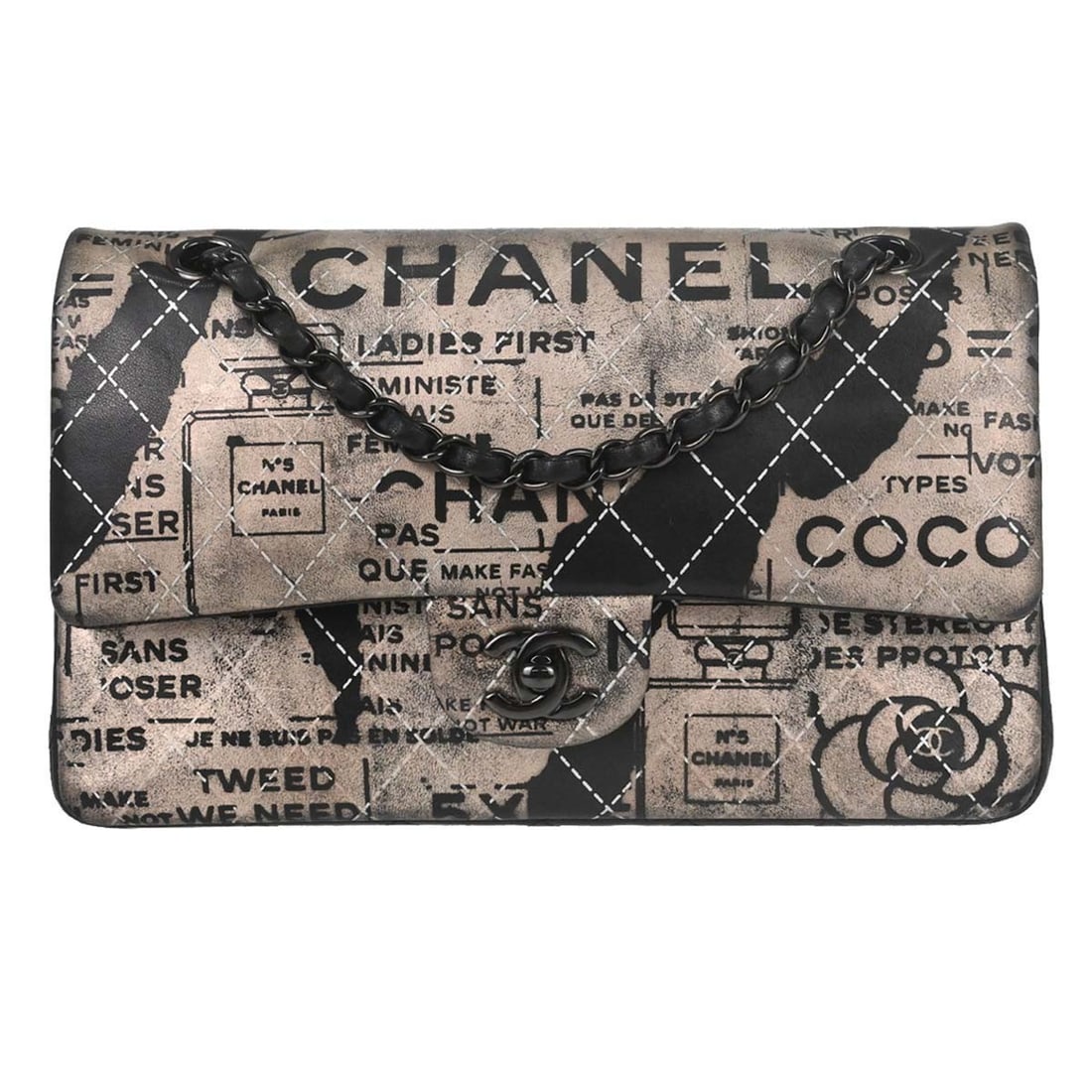 CHANEL Medium Classic Double Flap Shoulder Bag Beige Lambskin Newspaper Print: CHANEL Medium Classic Double Flap Shoulder Bag Beige Lambskin Newspaper Print Chanel Classic Double Flap Medium shoulder bag in beige lambskin with a limited newspaper print design. This women's bag f