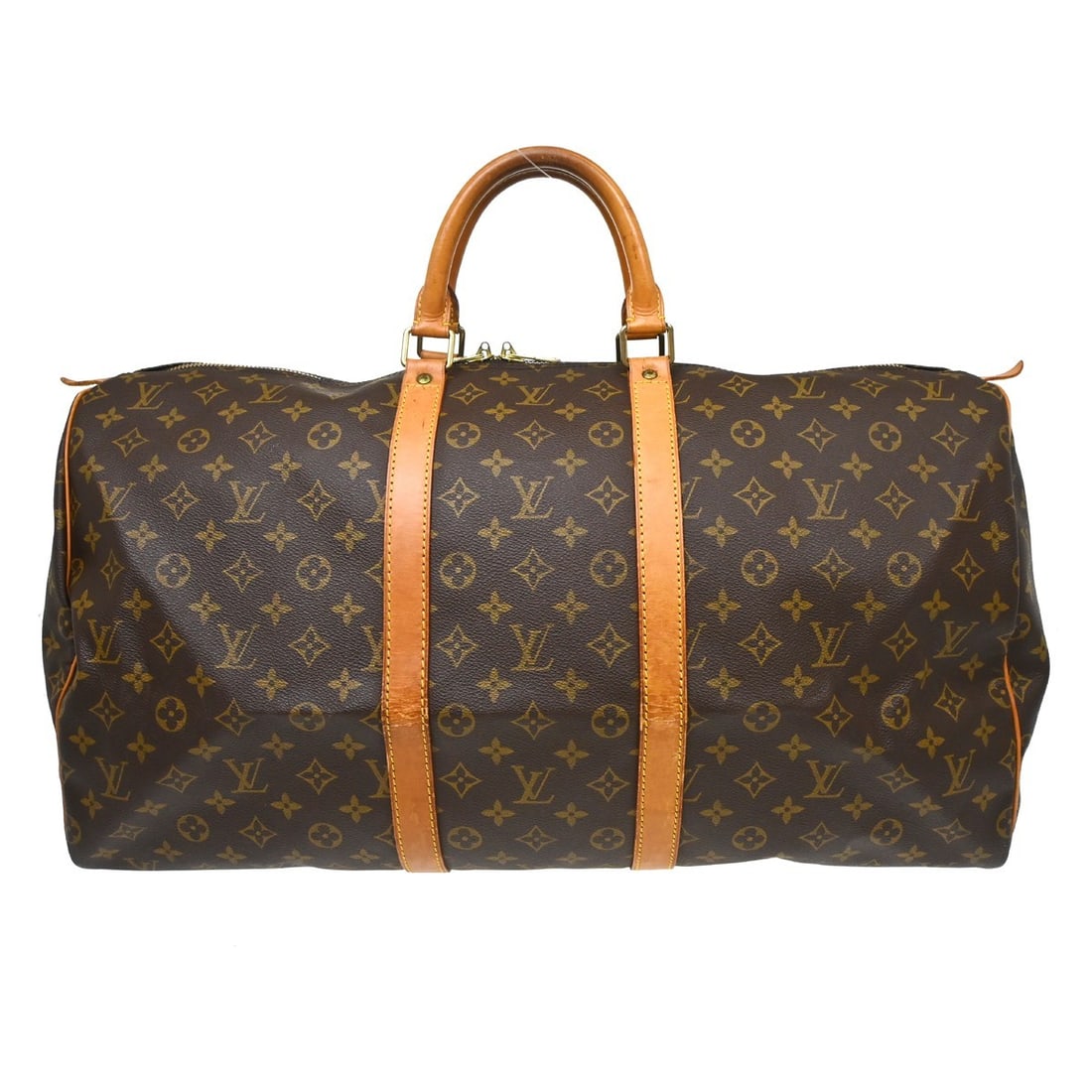 Louis Vuitton Keepall 55 Monogram Canvas Duffle Bag M41424: Louis Vuitton Keepall 55 Monogram Canvas Duffle Bag M41424 Vintage Louis Vuitton Keepall 55 travel handbag in brown Monogram canvas with leather trim and double handles. This extra-large duffle-style 