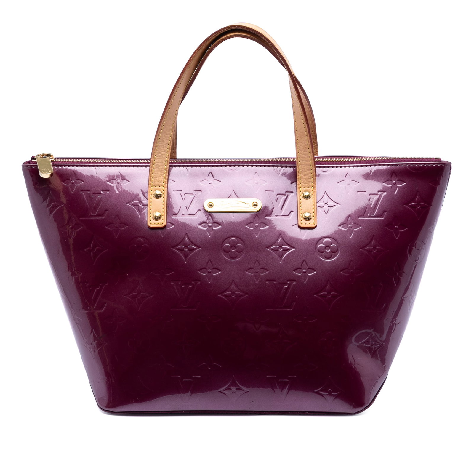 Louis Vuitton Bellevue PM Purple Vernis Leather Tote: Louis Vuitton Bellevue PM Purple Vernis Leather Tote This Louis Vuitton Monogram Vernis Bellevue PM is crafted from vernis leather in a purple hue and features flat vachetta leather handles, a top zip