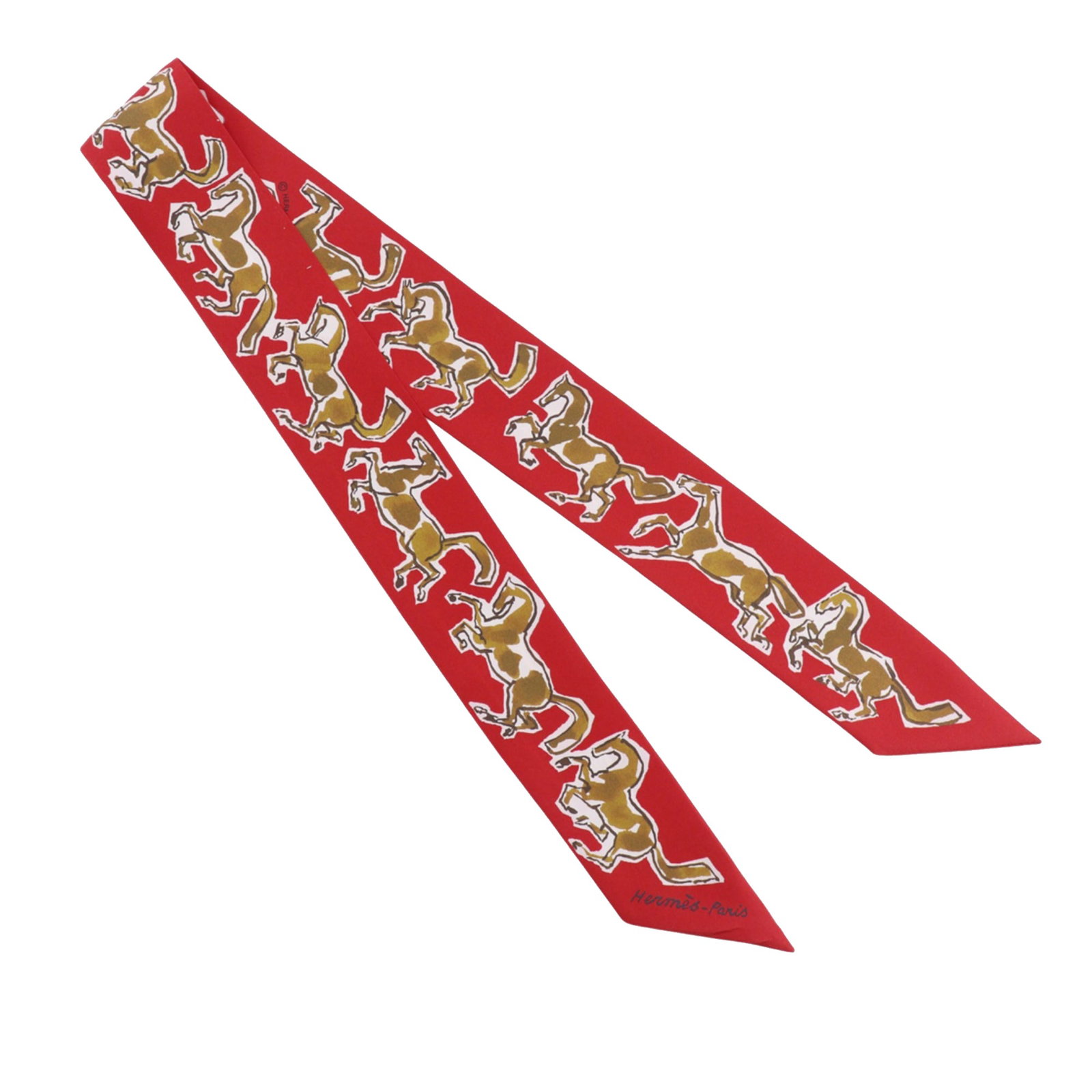 Hermes Chevaux en Liberte Red Silk Twilly: Hermes Chevaux en Liberte Red Silk Twilly Hermes Chevaux en Liberte Twilly scarf featuring the Chevaux en Liberte print in silk. Made in France, this accessory is presented in red and includes the box